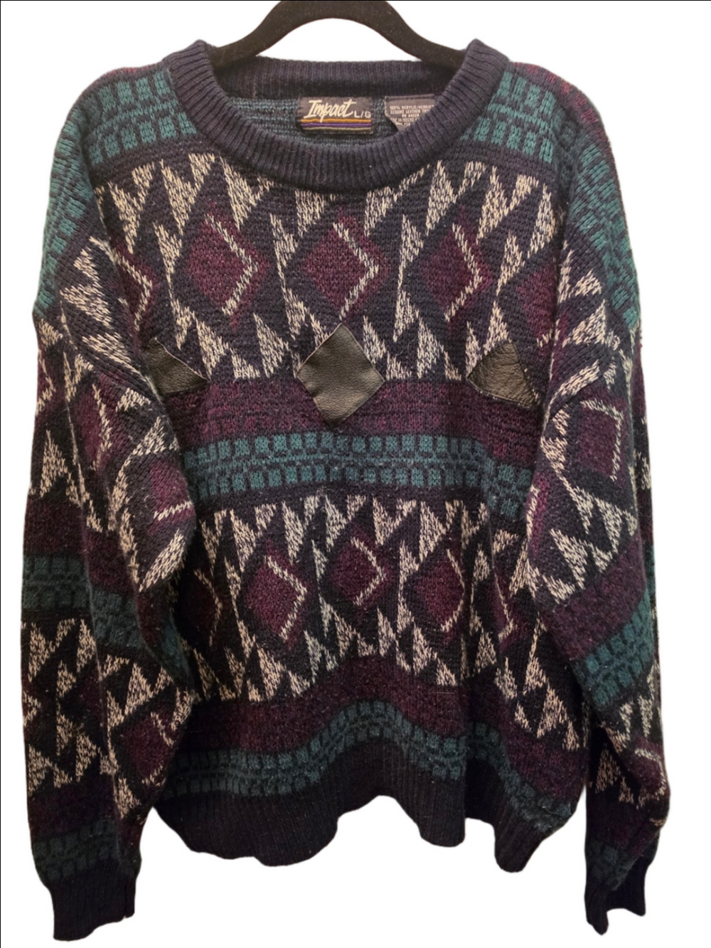 Vintage Impact L Geometric Grandpa Sweater Genuine Leather Trim 80s 90s